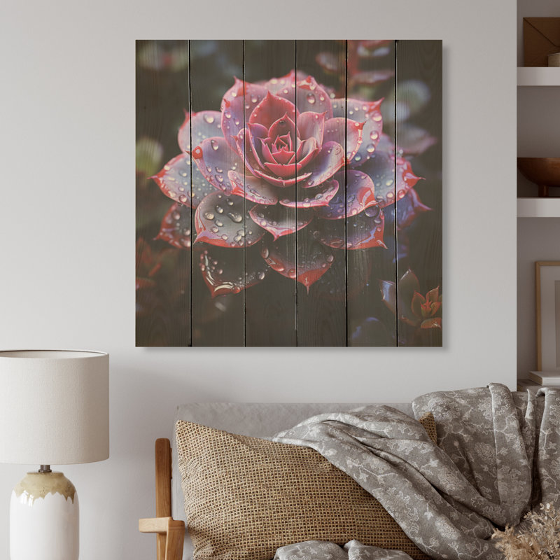 Élégante plante grasse néon mauve - art sur bois de pin naturel, H 25 po x l 25 po