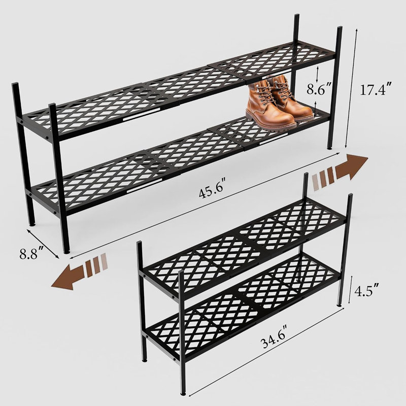 Étagère à chaussures extensible en métal, tablette de rangement à 2 niveaux avec grille métallique robuste, porte-chaussures, noir - Empilable