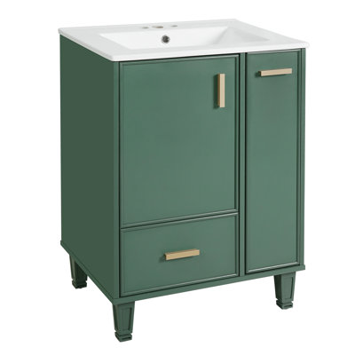 Meuble-lavabo 24 po avec lavabo, armoire de salle de bain avec tablette de porte, tiroir profond, panier coulissant à 2 niveaux, structure en bois massif et panneau de fibres à densité moyenne, un paquet, vert