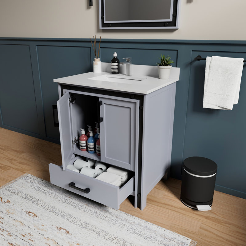 Meuble-lavabo gris foncé 30 po X 22 po avec miroir 28 po et rangement modulable P P - Armoire entièrement assemblée