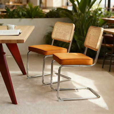 Dining Chairs Set of 4, Velvet Rattan Side Accent Chairs with Chrome Legs, Modern Mid Century Breuer Inspired Design for Dining and Living Rooms