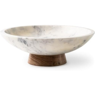 Bol décoratif en marbre avec piédestal en bois d'acacia, 11 po