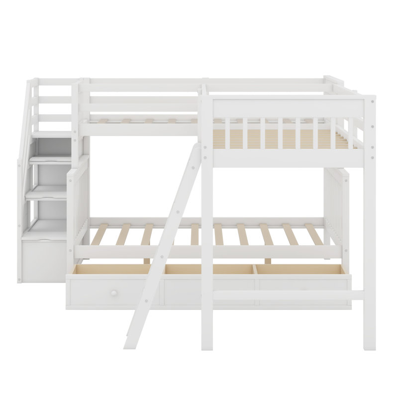 Lit superposé en L avec 3 tiroirs, échelle et escalier, Blanc