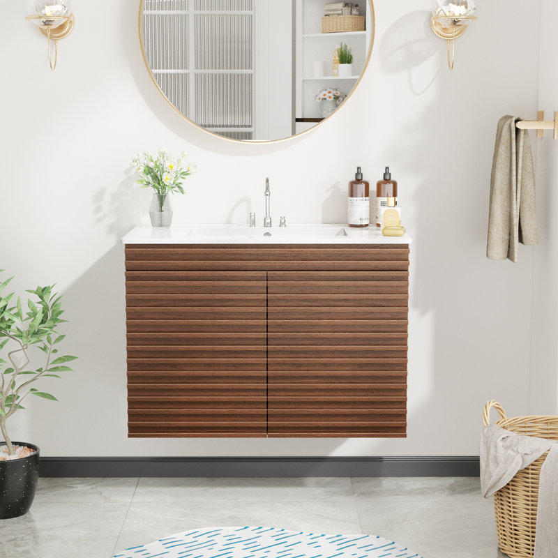 Wall-mount Walnut  Bathroom Vanity With Sink, 36"