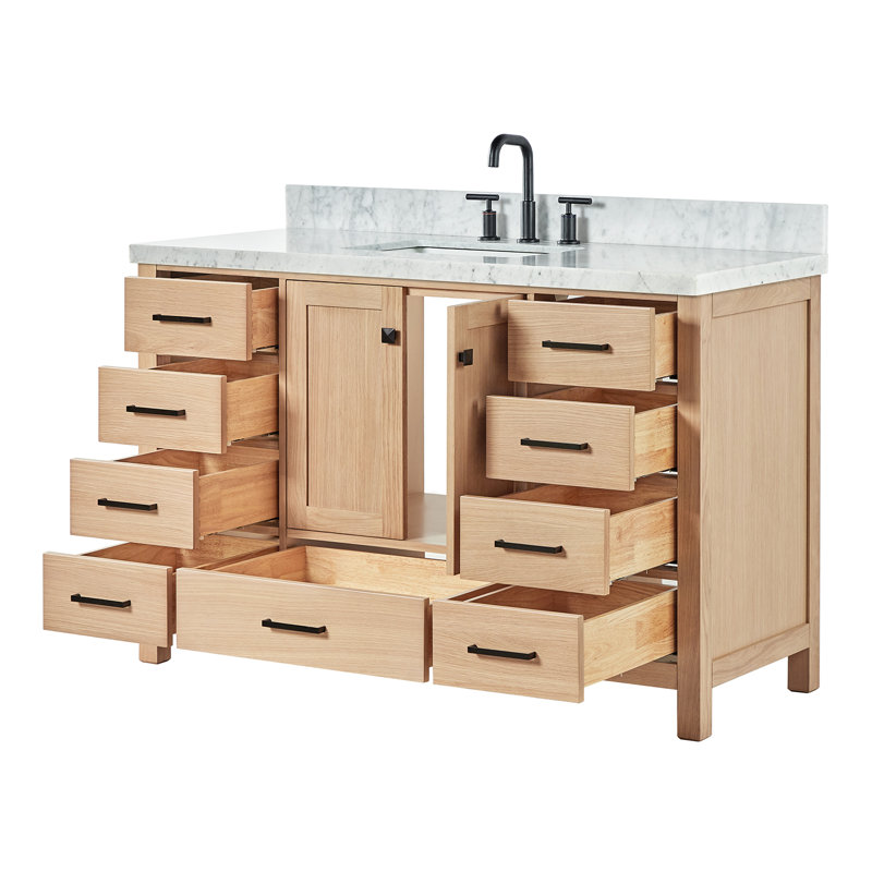 Flynt 55'' Single Bathroom Vanity with Carrara Marble Top, Oak