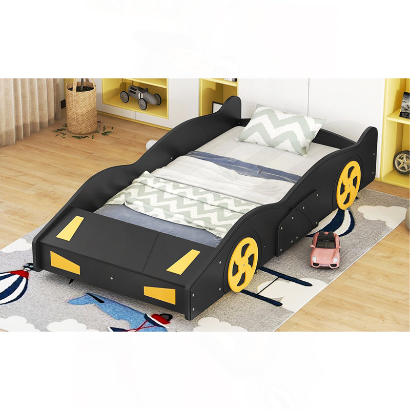 Twin Size Race Car-Shaped Platform Bed With Wheels And Storage, Black+Yellow