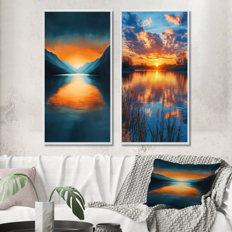"Countryside Lake At Sunset I" - Collection d'art sur toile 2 panneaux, H 32 po x l 33 po, Cadre flottant blanc