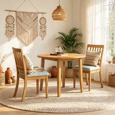 3-Piece Extendable Round Dining Set, Light Brown Drop Leaf Wooden Table and 2 Gray Upholstered Slat Back Chairs, Modern Scandinavian Space Saving Dinette Furniture for Small Apartment Dining Room