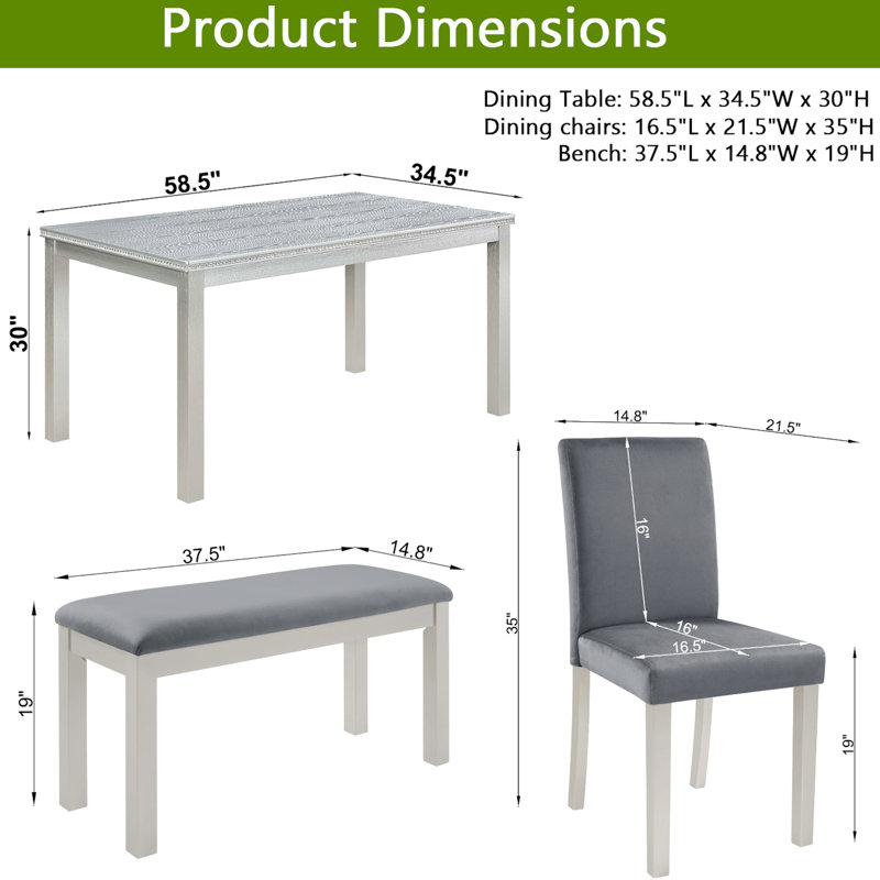 Ensemble de table de salle à manger 6 pièces rectangulaire en bois, table de salle à manger de cuisine H 30 po avec 4 chaises de coussin et 1 banc rembourré, ensemble de table moderne avec de magnifiques décorations en cristal pour la salle à manger