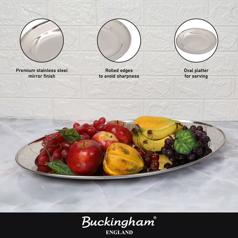 Buckingham Mirror Polish Oval Serving Tray Heavy Gauge Plate Stainless Steel , 2.5cm H x 22cm L x 34.5cm W