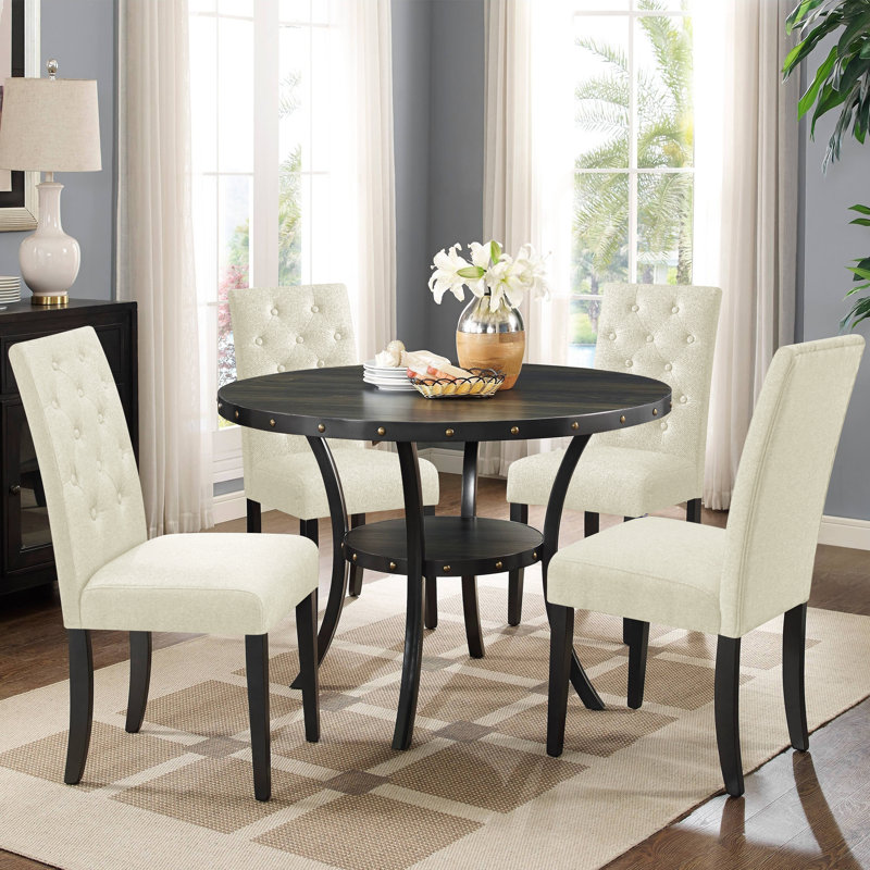 Tufted  Fabric Upholstered Parsons Dining Chairs, Ivory, 4