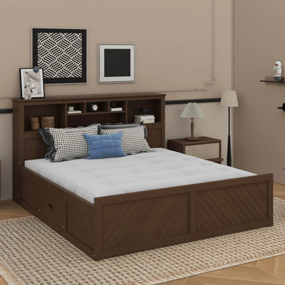 Très grand lit en bois avec tête de lit à rangement multiple, port USB et tiroirs