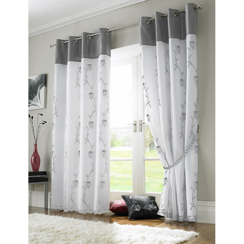 Woodsburgh Tahiti Lined Eyelet Semi Sheer Curtains, 142 W x 183 D cm, Silver