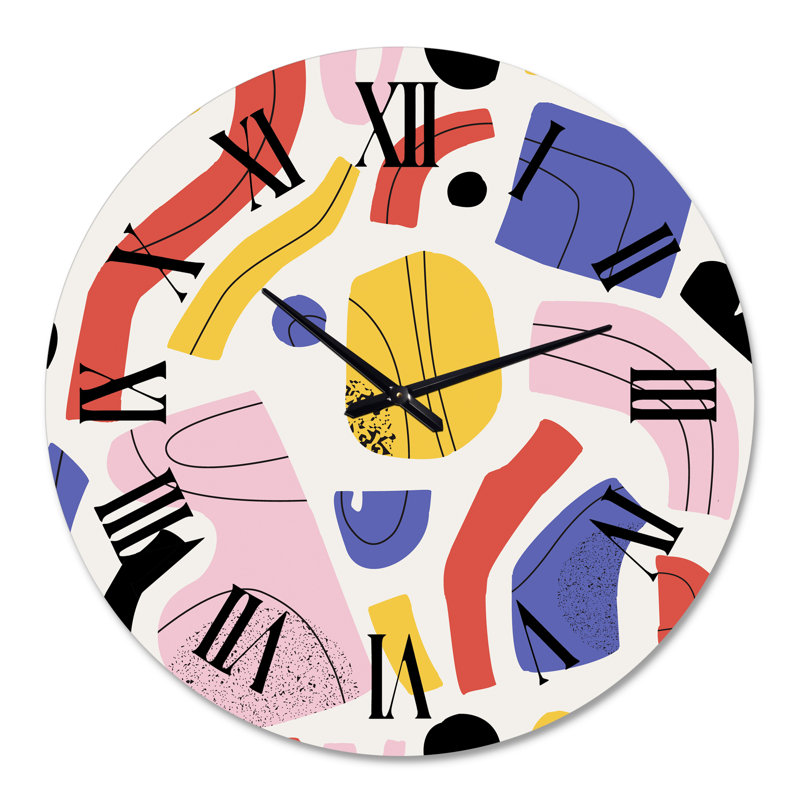 Organique et éléments en rouge, jaune et rose - horloge murale moderne, Grand
