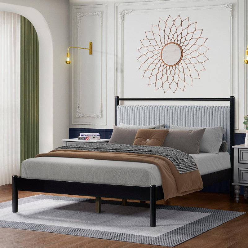 Queen Wood Bed Frame with Fluffy Soft Headboard, Queen