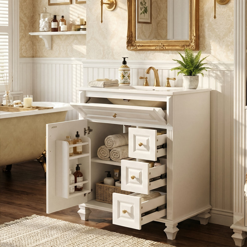 Ensemble de meuble-lavabo autoportant 24 po, armoire en bois d'hévéa et panneau de fibres à densité moyenne avec plateau en céramique, 4 tiroirs (blanc)