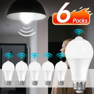A19 Dusk to Dawn LED Light Bulbs, 9W 800LM 5000K Daylight, Infrared Motion Sensor, E26 Base Non-Dimmable PC Plastic Light Bulbs, 6 Pack