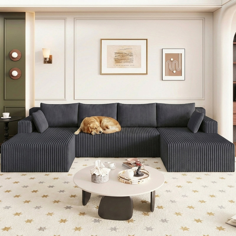124" U-Shape Cloud Couch, Modern Modular Sectional U-Shape Sofa, Corduroy Upholstered Couches Deep Seat Sleeper Chaise Longue for Living Room, No Assembly Required