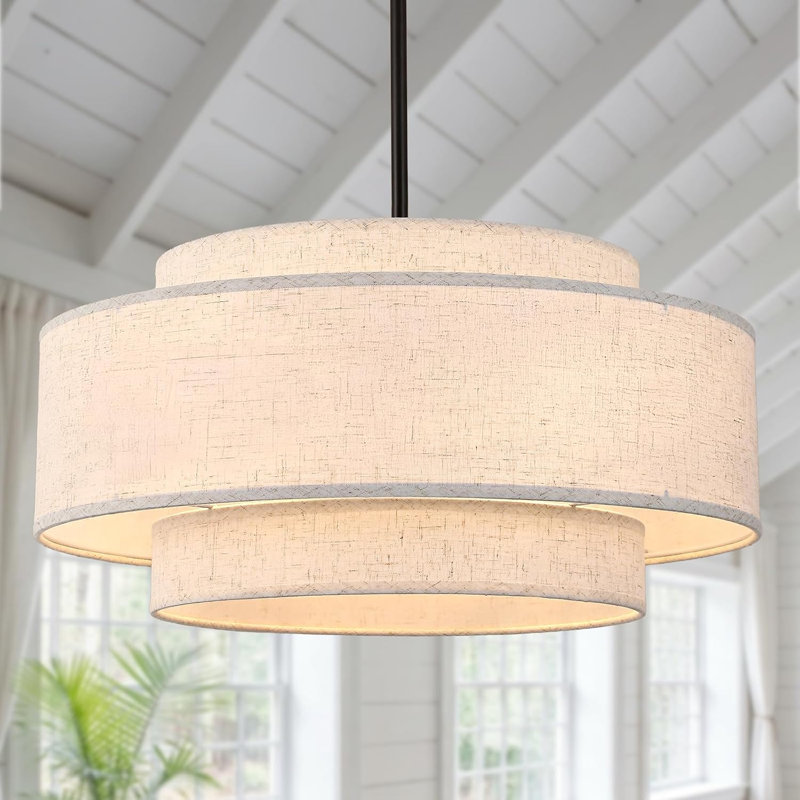 Lustre à tambour moderne de 50 cm (19,7 po), luminaire noir à 4 lumières, abat-jour en lin à 3 niveaux, structure noire, lustre de style ferme pour salle à manger, îlot de cuisine, chambre à coucher, hauteur réglable