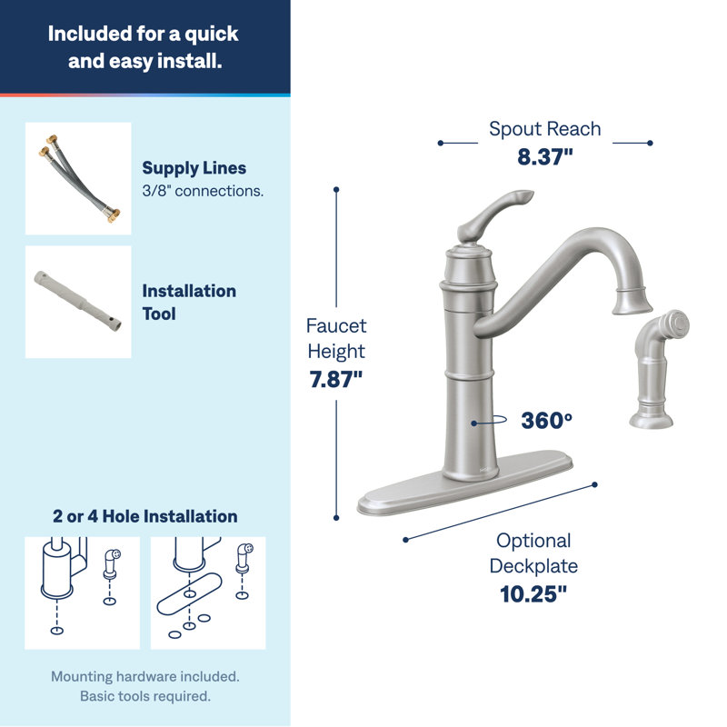 Moen Wetherly Single Handle Kitchen Faucet with Side Spray and Optional Deckplate, Stainless Steel