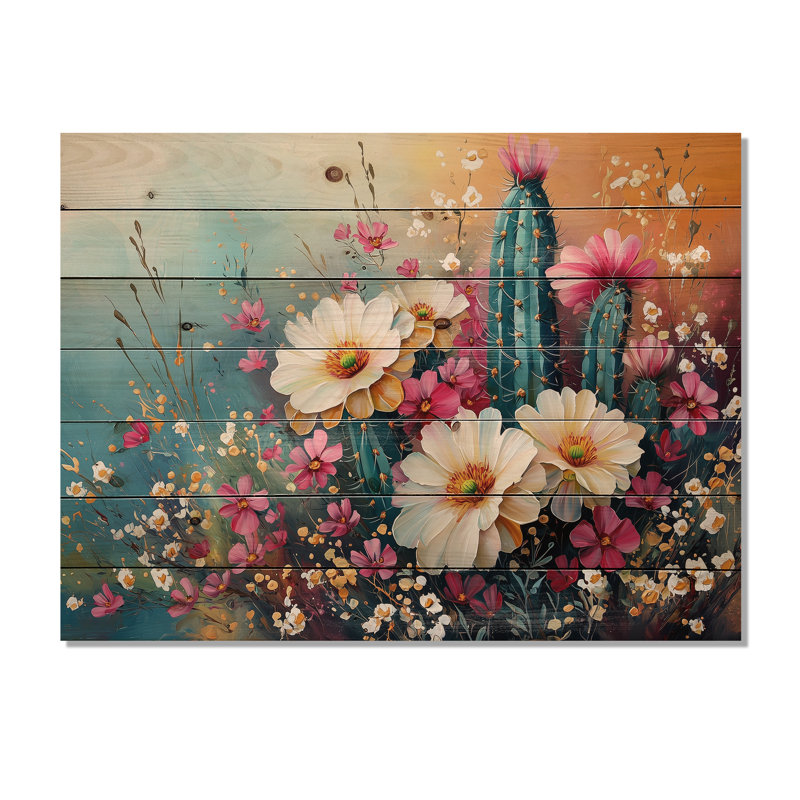Beauté de cactus jaune et rose - décoration murale en bois de cactus floral - sur bois de pin naturel