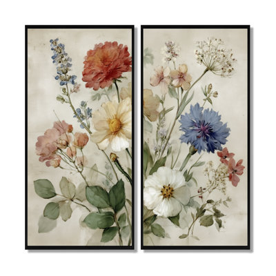 Vintage Farmhouse Bouquet Of Wildflowers - Wildflowers Framed Wall Art, Green Floral Canvas Print Set Of 2