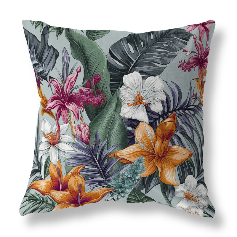 Coussin Rainforest Reverie, Argent / floral multi, H 26 po x l 26 po