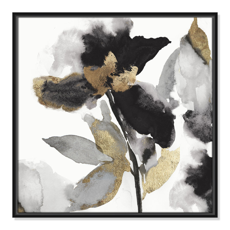 Black and Gold Floral Canvas Print with Ornate Frame, 26x26
