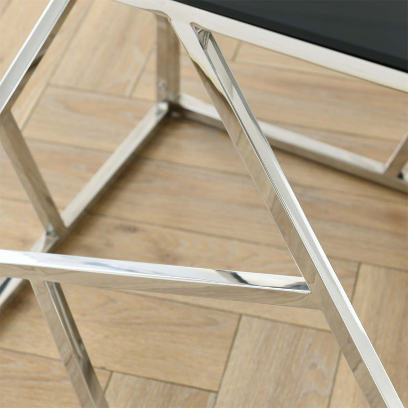 Table de bout moderne en verre avec structure en métal géométrique, table de chevet décorative, table de coin pour le salon, le bureau personnel, la chambre à coucher