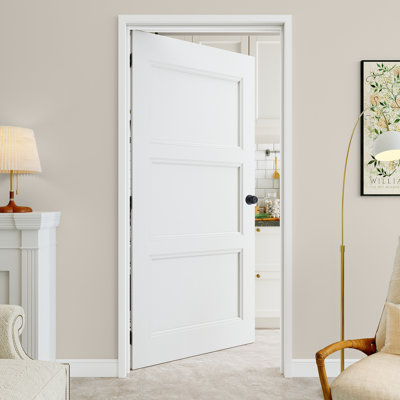 Porte intérieure pré-suspendue 3 panneaux 32 "x 80" avec levier incurvé et charnières noires et cadre gauche, peint et imperméable, combinaison pour la lessive, portes de placard, portes de pièce