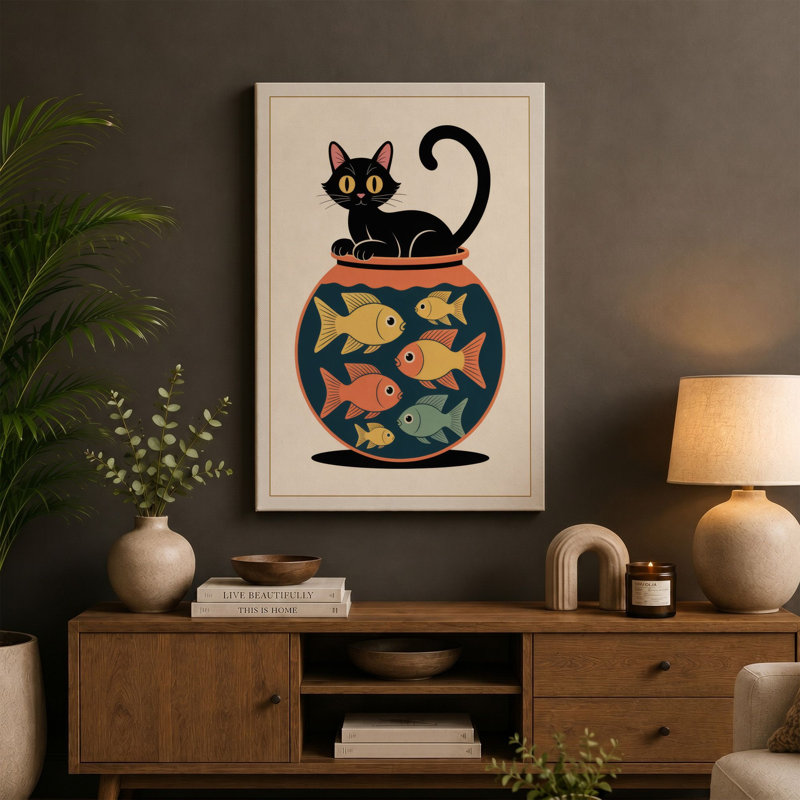 Cat and Fishbowl Mid-Century 1 Piece Wrapped Canvas Wall Art, 24x16 - 61.0 x 40.6 cm, Terracotta Border