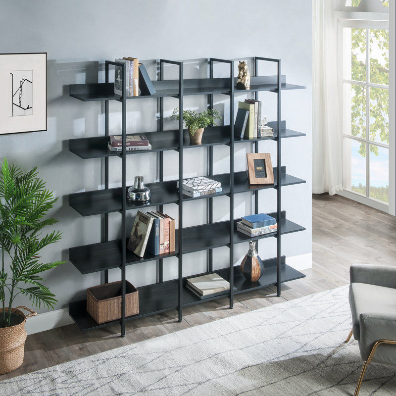 5 Tier Bookcase Home Office Open Bookshelf, Vintage Industrial Style Shelf With Metal Frame, MDF Board, Black