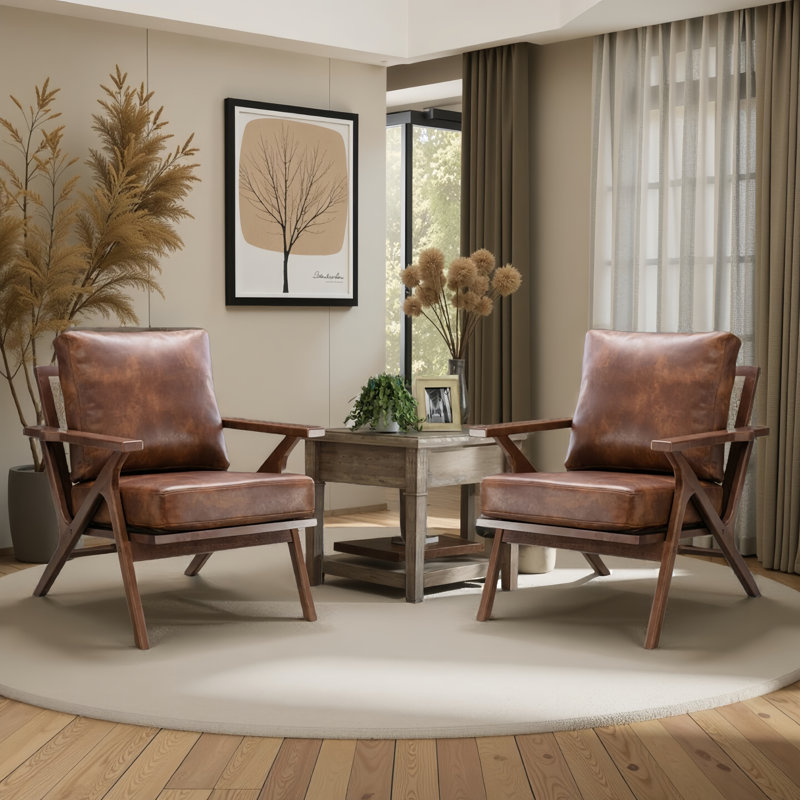 75.9cm Wide Modern Vegan Leather Armchair with Solid Wood Frame, Brown