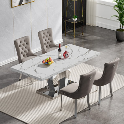 70" Faux Marble Dining Table Set for, White Dining Room Table with Velvet Dining Chairs, Modern Kitchen Table and Chairs Set, Luxury Dining Table Set for Kitchen Dining