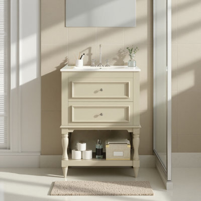Meuble-lavabo rétro 24 po avec lavabo en céramique et tablette ouverte, armoire de rangement 2 tiroirs