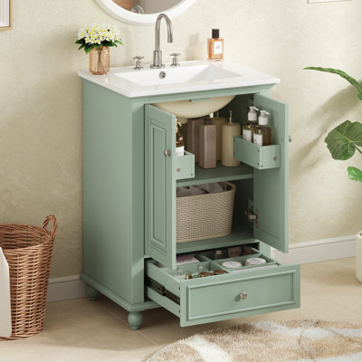 Meuble-lavabo de 24 po avec lavabo en céramique, armoire de rangement avec portes à fermeture douce, armoire de salle de bain avec tiroir et séparateurs de tiroir, armoire