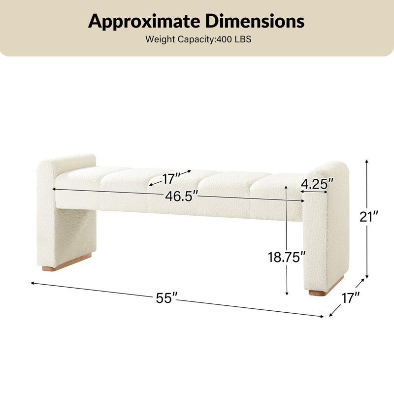 Arlesia 55''W Modern Piano Key Design Upholstered Bench with Solid Wood Legs, White