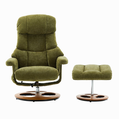 069DR-Ergonomic Recliner Chair With Ottoman, Modern 360° Swivel Lounge Chair With Footstool, Chenille Fabric, 5 Point Vibration Massage, Seat Heating & 140° Adjustable Backrest For Home Office, Green