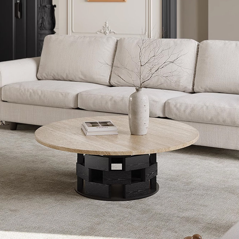 Table basse en travertin de style Wabi-sabi, H 13,77 po x L 35,43 po x l 35,43 po, Noir