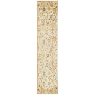 Tapis de couloir jaune en laine noué à la main à motif abstrait 2 pi 7 po x 12 pi 1 po