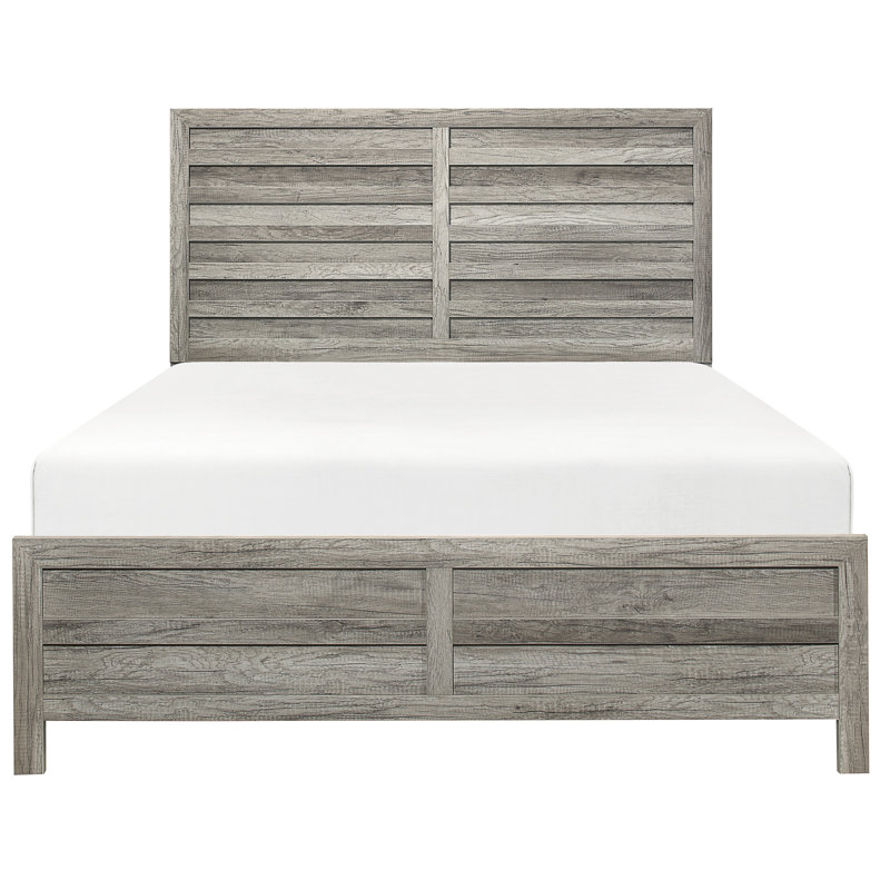 Grand lit de style rustique de couleur grise patinée, meubles de chambre à coucher avec tête de lit et rails, lit en bois et en composés d'ingénierie, équipement