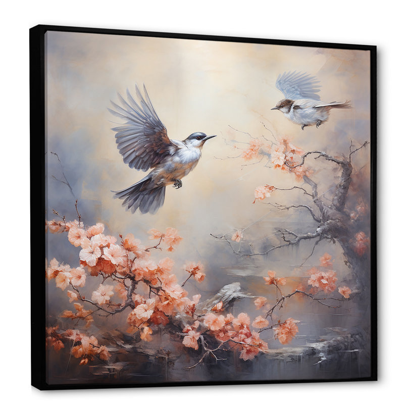 Vol de cerisier en fleurs au Japon III - Art mural oiseau, Cadre flottant noir, 16" H x 16" W