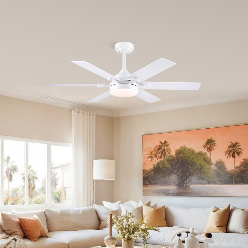 Ventilateur de plafond blanc 46 pouces à 6 pales avec lumières, télécommande, moteur à courant continu silencieux à intensité variable, 3 couleurs, 6 vitesses, moderne pour le salon