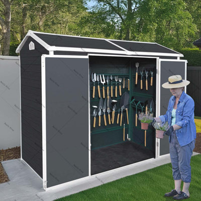 Remise de jardin extérieure en résine avec plancher et 2 fenêtres, remise extérieure en plastique avec porte verrouillable pour outils de jardin, vélos, poubelles