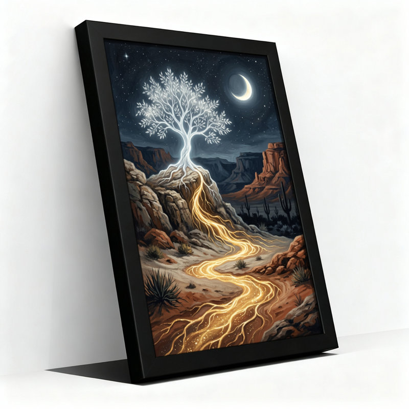 Toile noire encadrée en bois noir pour salon, chambre à coucher, bureau ou vestibule - décoration murale décorative avec arbre au clair de lune