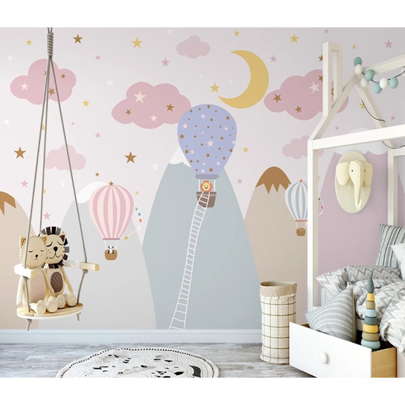 Papier peint amovible avec étoiles, nuages roses, montgolfières, croissant de lune, montagnes colorées enneigées