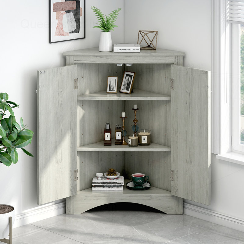 Armoire de rangement triangulaire pour salle de bain avec tablettes réglables, Chêne
