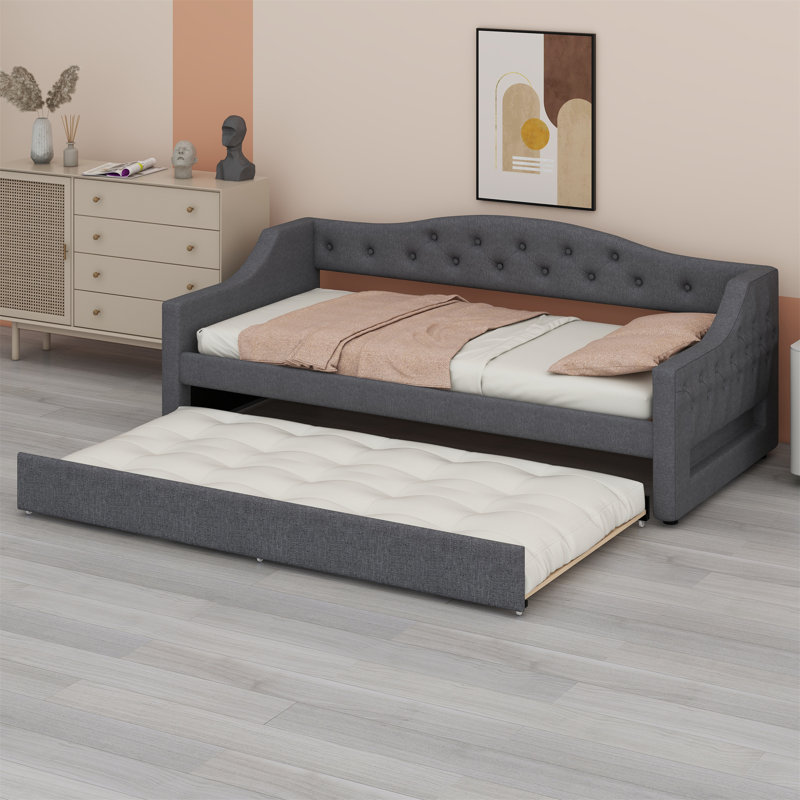 Upholstered Daybed With LED Belt And Trundle, Gray