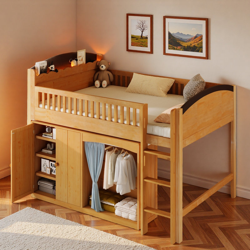 Lit mezzanine avec armoire de rangement, garde-robe et DEL, Bois