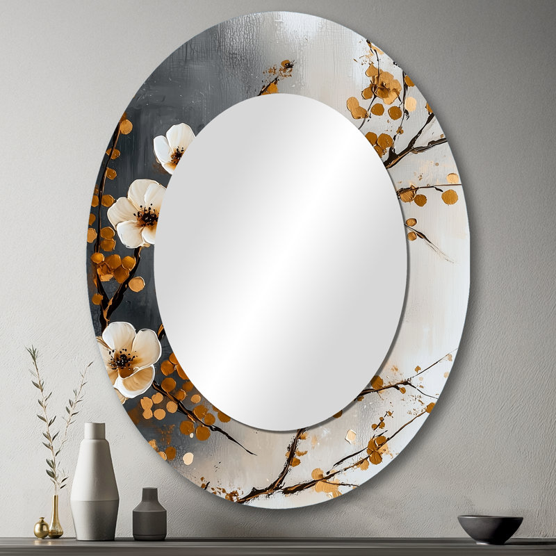 Cerisiers en fleurs gris et brun I - Miroir décoratif floral ovale sur métal, 43 po x 33 po